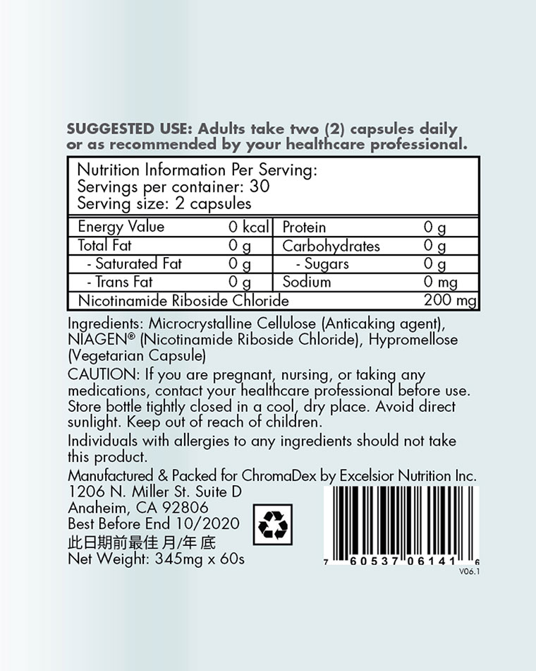Snapshot of ingredients and supplement fact of Tru Niagen