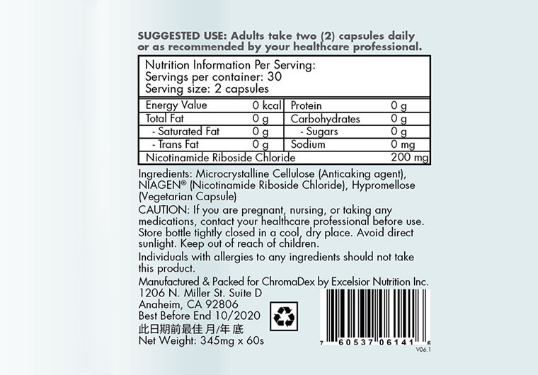 Snapshot of ingredients and supplement fact of Tru Niagen